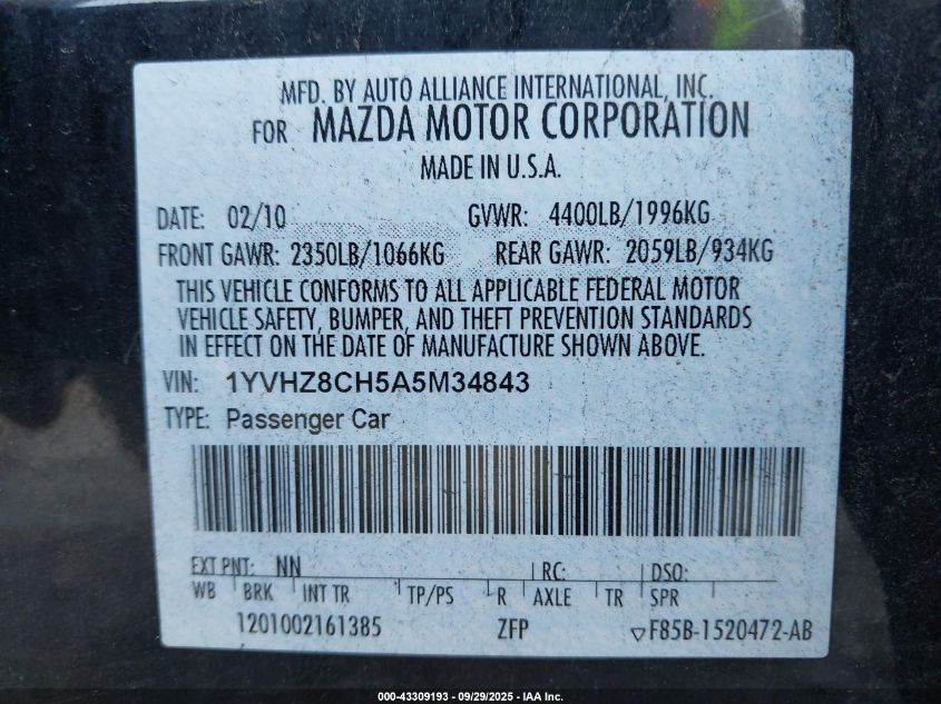 2010 Mazda Mazda6 I Touring VIN: 1YVHZ8CH5A5M34843 Lot: 43309193