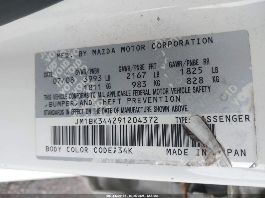 2009 Mazda Mazda3 S Grand Touring VIN: JM1BK344291204372 Lot: 43309197