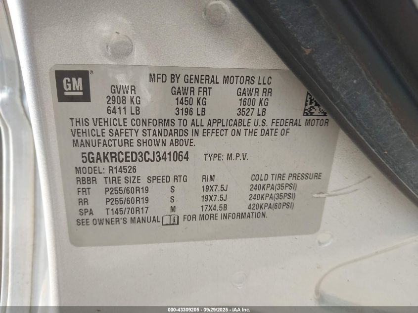 2012 Buick Enclave Leather VIN: 5GAKRCED3CJ341064 Lot: 43309205