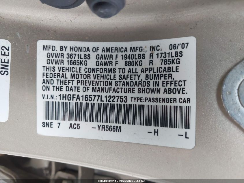2007 Honda Civic Lx VIN: 1HGFA16577L122753 Lot: 43309211
