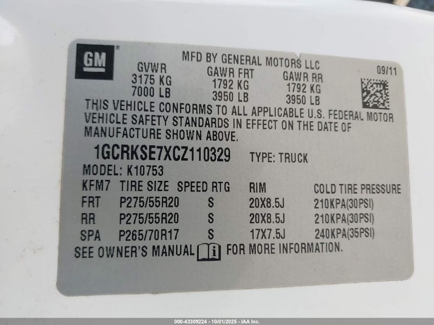 2012 Chevrolet Silverado 1500 Lt VIN: 1GCRKSE7XCZ110329 Lot: 43309224