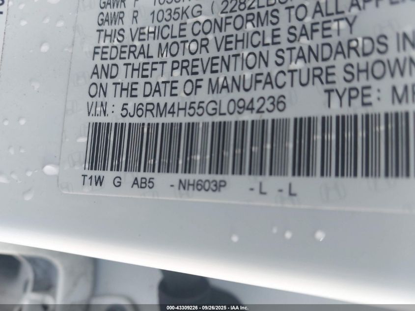 2016 Honda Cr-V Ex VIN: 5J6RM4H55GL094236 Lot: 43309226