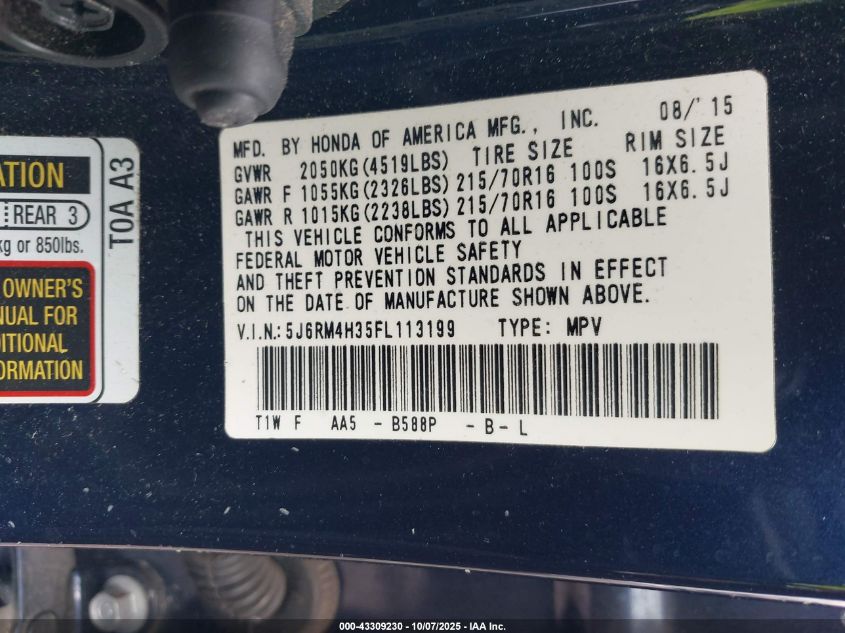 2015 Honda Cr-V Lx VIN: 5J6RM4H35FL113199 Lot: 43309230