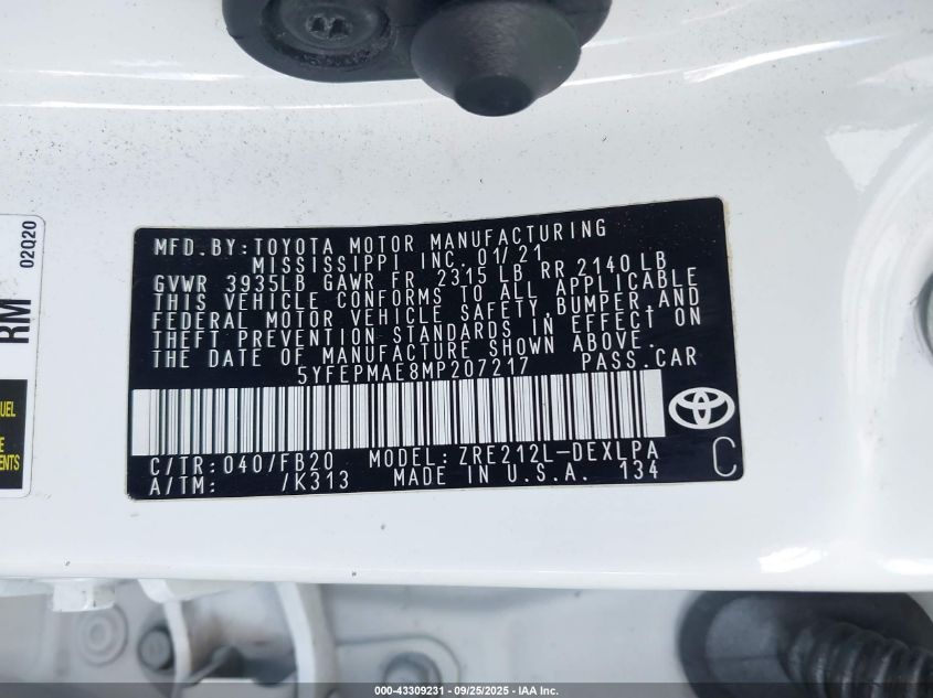 2021 Toyota Corolla Le VIN: 5YFEPMAE8MP207217 Lot: 43309231