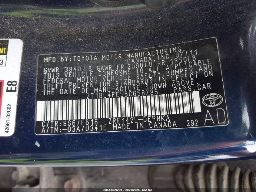 2011 Toyota Corolla Le VIN: 2T1BU4EE5BC658785 Lot: 43309239