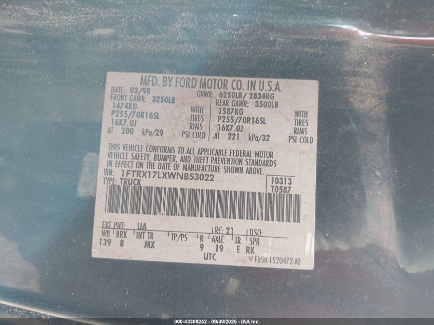 1998 Ford F-150 Lariat/Xl/Xlt VIN: 1FTRX17LXWNB53022 Lot: 43309242