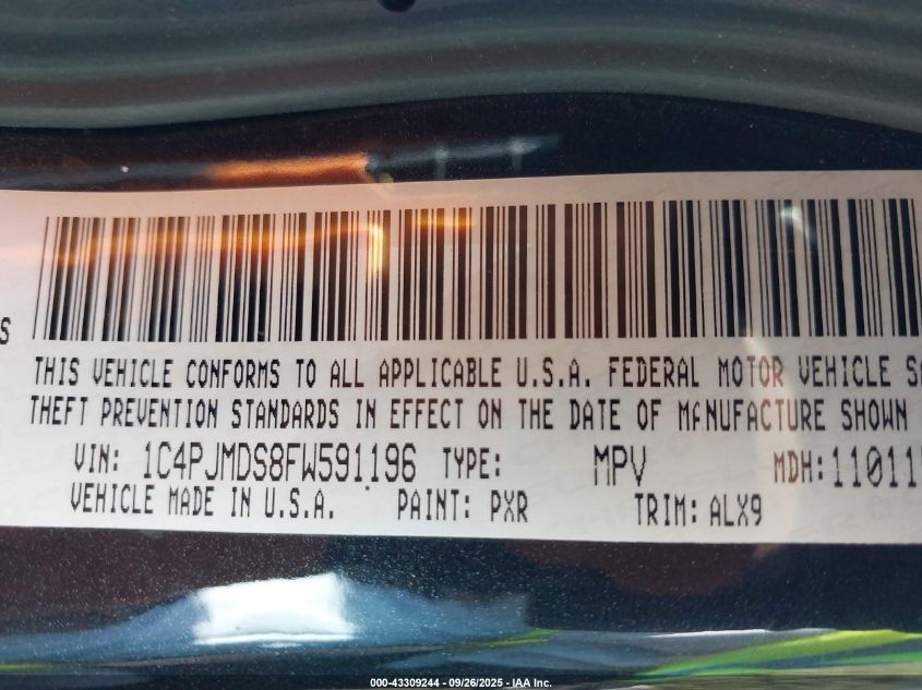 2015 Jeep Cherokee Limited VIN: 1C4PJMDS8FW591196 Lot: 43309244