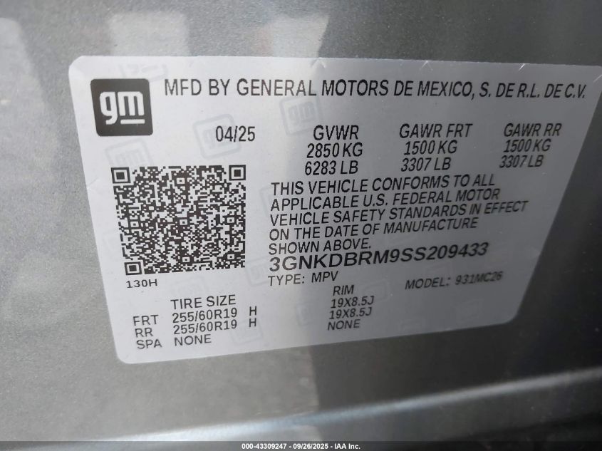 2025 Chevrolet Blazer Ev Rwd Lt VIN: 3GNKDBRM9SS209433 Lot: 43309247