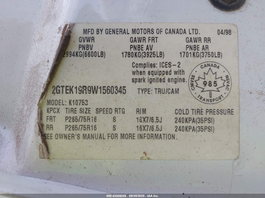 2GTEK19R9W1560345 1998 GMC SIERRA photo no. 9