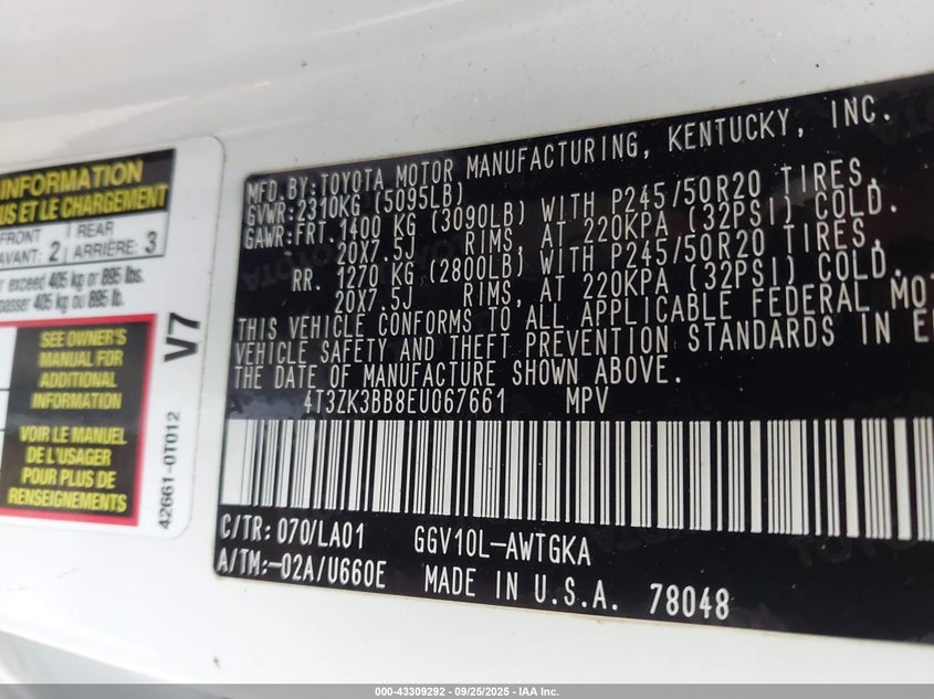 2014 TOYOTA VENZA XLE V6 4T3ZK3BB8EU067661