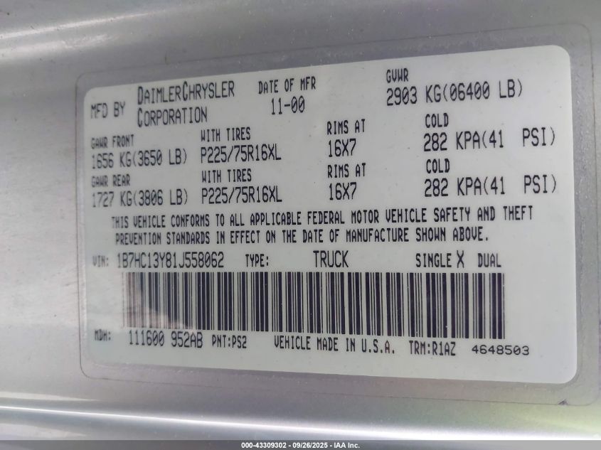 2001 Dodge Ram 1500 St VIN: 1B7HC13Y81J558062 Lot: 43309302