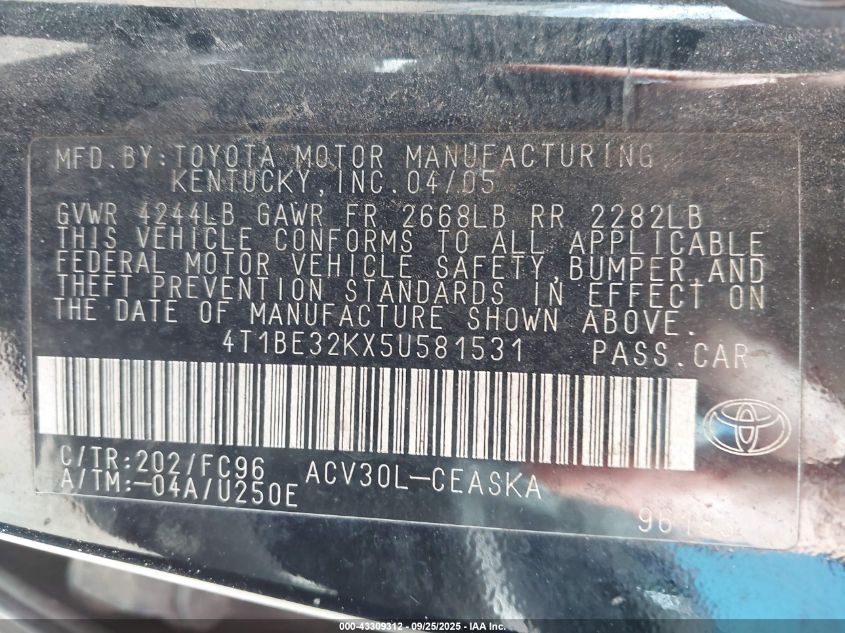 2005 Toyota Camry Se VIN: 4T1BE32KX5U581531 Lot: 43309312