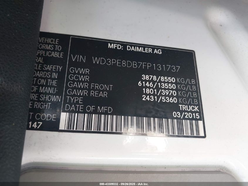 2015 Mercedes-Benz Sprinter 2500 High Roof VIN: WD3PE8DB7FP131737 Lot: 43309332
