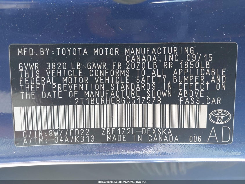 2016 Toyota Corolla S Plus VIN: 2T1BURHE8GC517578 Lot: 43309334