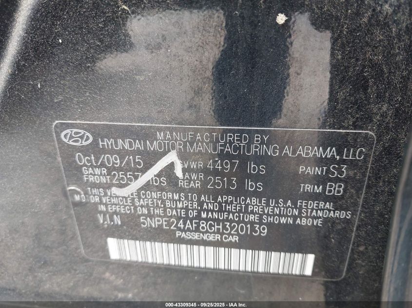 2016 Hyundai Sonata Se VIN: 5NPE24AF8GH320139 Lot: 43309345