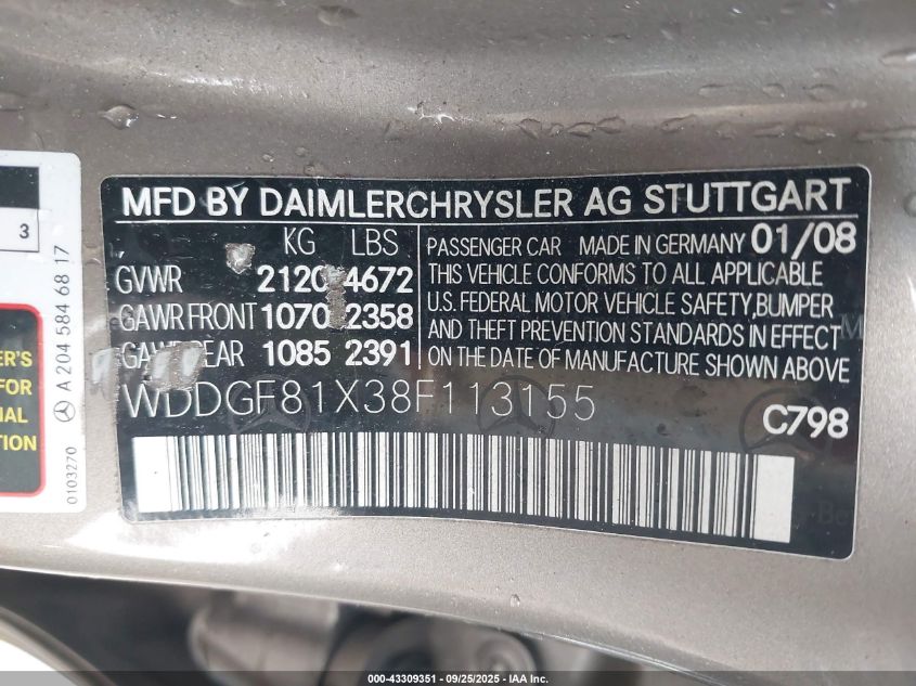 2008 Mercedes-Benz C 300 Luxury 4Matic/Sport 4Matic VIN: WDDGF81X38F113155 Lot: 43309351