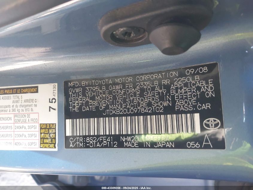 2009 Toyota Prius VIN: JTDKB20U097842102 Lot: 43309356