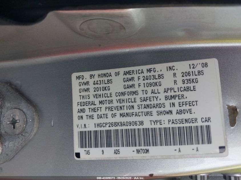 2009 Honda Accord 2.4 Ex-L VIN: 1HGCP268X9A090638 Lot: 43309373