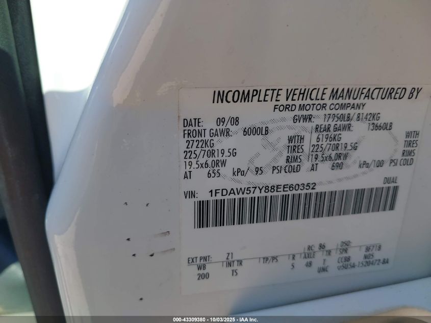 2008 Ford F-550 Chassis Lariat/Xl/Xlt VIN: 1FDAW57Y88EE60352 Lot: 43309380
