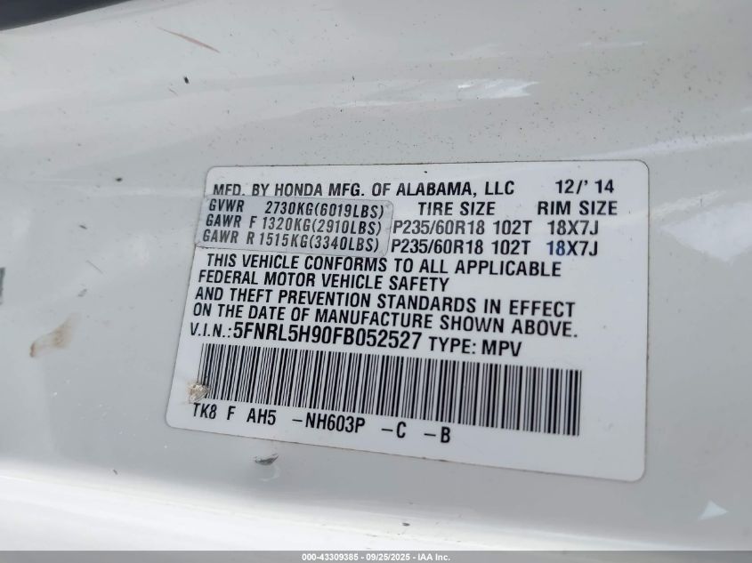 2015 Honda Odyssey Touring/Touring Elite VIN: 5FNRL5H90FB052527 Lot: 43309385