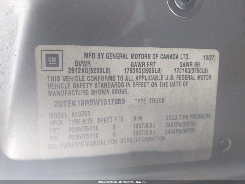 1998 GMC Sierra 1500 Sl Wideside VIN: 2GTEK19R5W1517959 Lot: 43309396