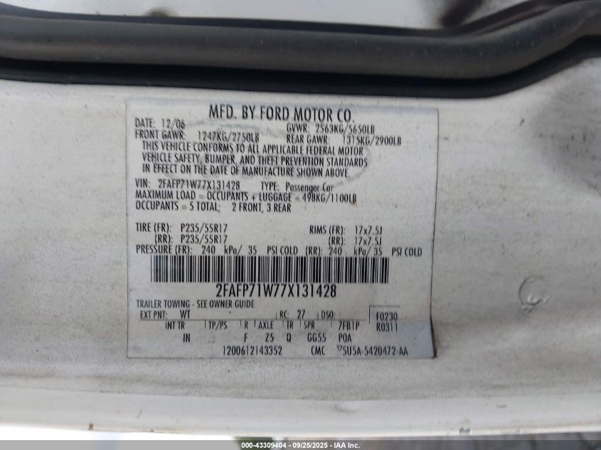 2007 Ford Crown Victoria Police/Police Interceptor/Pursuit VIN: 2FAFP71W77X131428 Lot: 43309404
