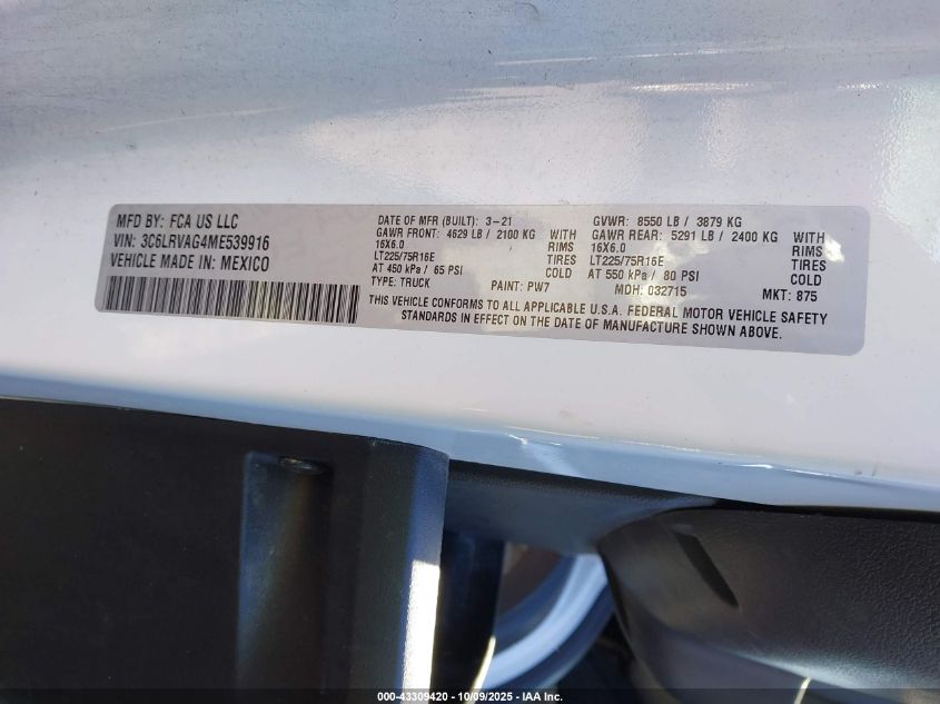 2021 Ram Promaster 1500 Low Roof 136 Wb VIN: 3C6LRVAG4ME539916 Lot: 43309420