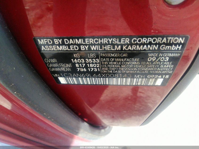 2004 Chrysler Crossfire VIN: 1C3AN69L64X008143 Lot: 43309426
