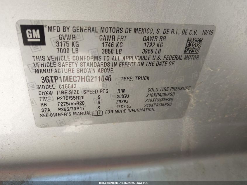 2017 GMC Sierra C1500 Sle VIN: 3GTP1MEC7HG211046 Lot: 43309428