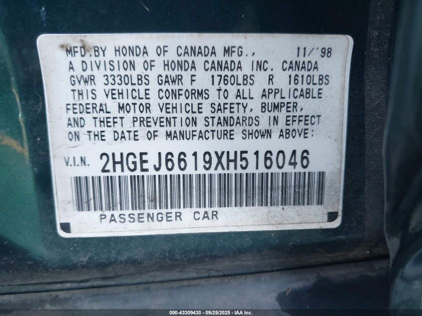 1999 Honda Civic Value Package VIN: 2HGEJ6619XH516046 Lot: 43309430