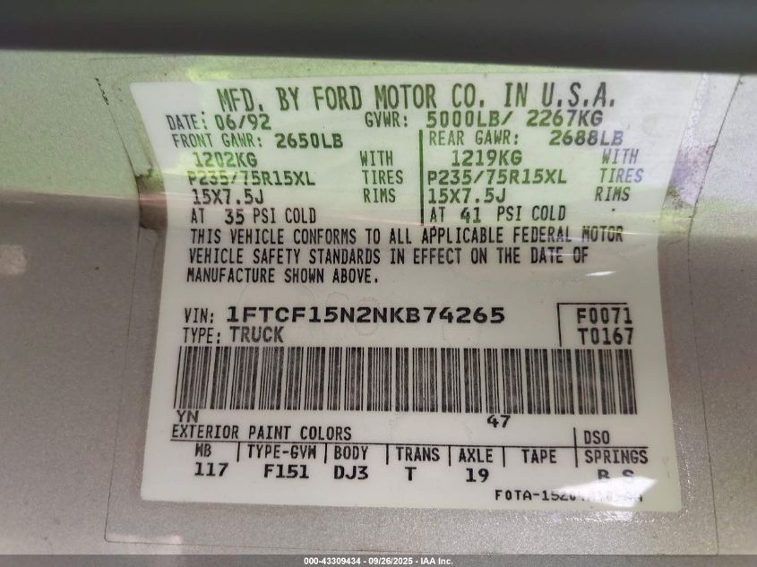 1992 Ford F150 VIN: 1FTCF15N2NKB74265 Lot: 43309434