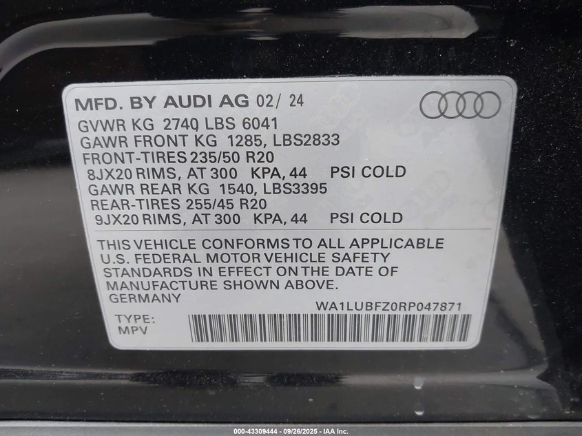 2024 Audi Q4 E-Tron Premium Plus 55 Quattro VIN: WA1LUBFZ0RP047871 Lot: 43309444
