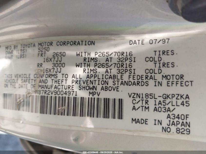 1997 Toyota 4Runner Sr5 V6 Limited VIN: JT3HN87R2V9004971 Lot: 43309448