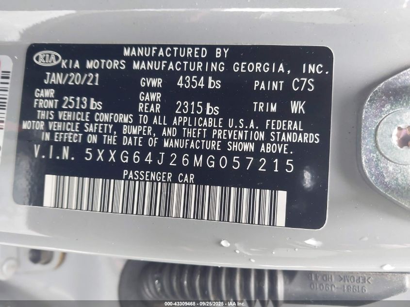 2021 Kia K5 Gt-Line VIN: 5XXG64J26MG057215 Lot: 43309468