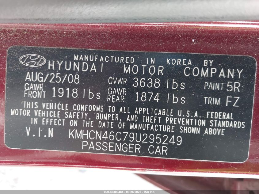 2009 Hyundai Accent Gls VIN: KMHCN46C79U295249 Lot: 43309484