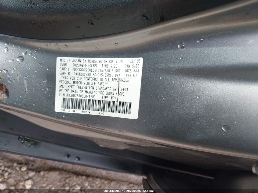 2005 Honda Cr-V Lx VIN: JHLRD78505C041709 Lot: 43309487