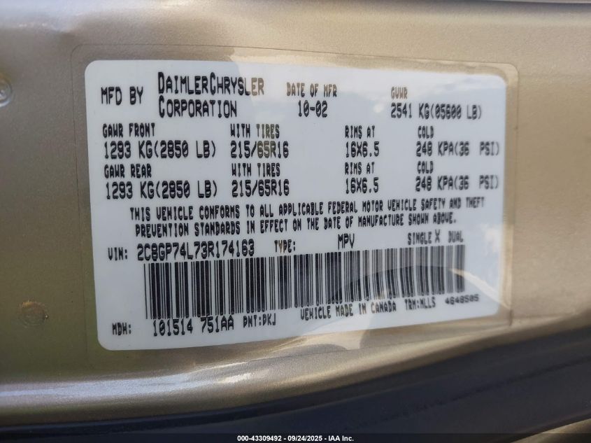 2003 Chrysler Town & Country Ex VIN: 2C8GP74L73R174163 Lot: 43309492