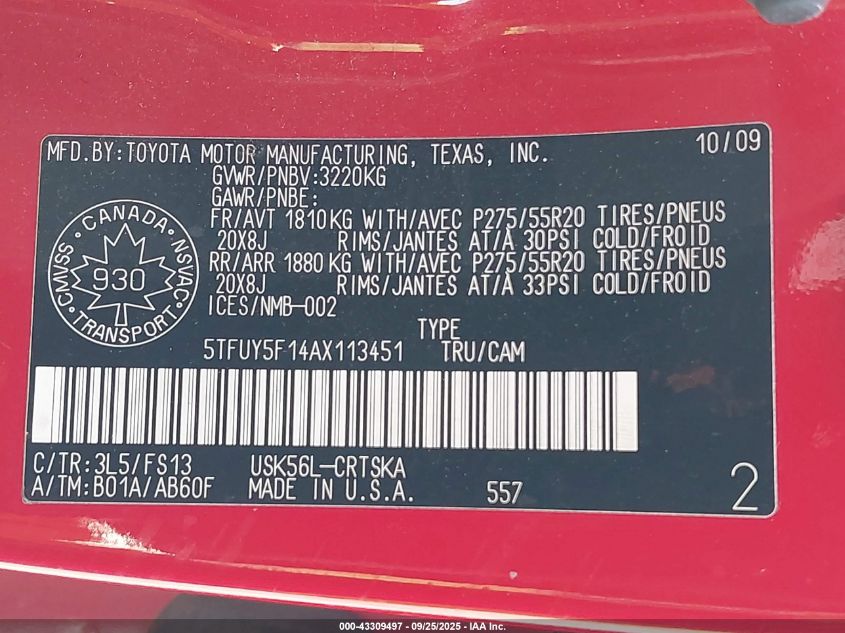 2010 Toyota Tundra Sr5 5.7L V8 VIN: 5TFUY5F14AX113451 Lot: 43309497