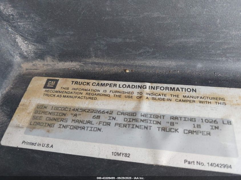 1989 Chevrolet Gmt-400 C1500 VIN: 1GCDC14K5KZ226642 Lot: 43309499