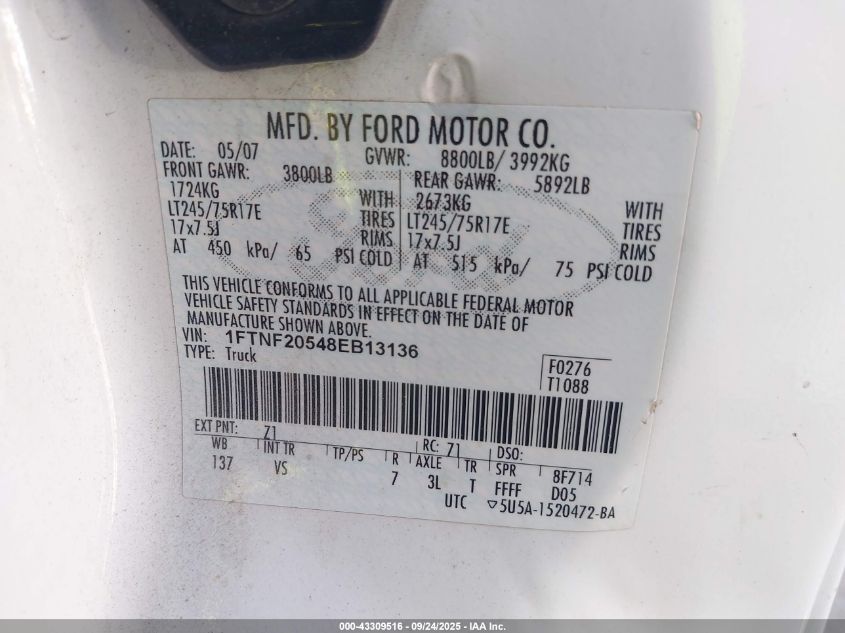 2008 Ford F-250 Xl/Xlt VIN: 1FTNF20548EB13136 Lot: 43309516