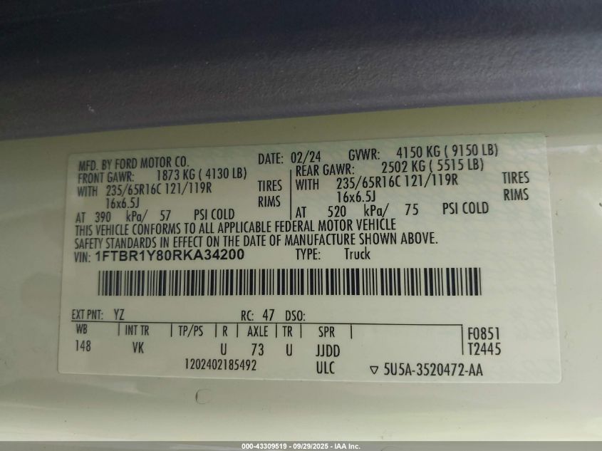 2024 Ford Transit-250 VIN: 1FTBR1Y80RKA34200 Lot: 43309519