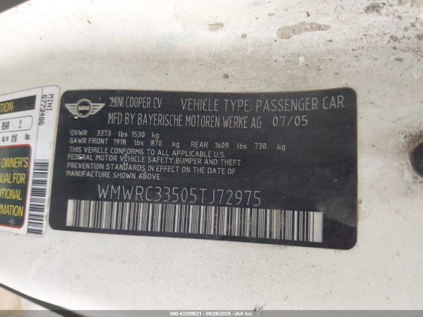 2005 Mini Cooper VIN: WMWRC33505TJ72975 Lot: 43309521