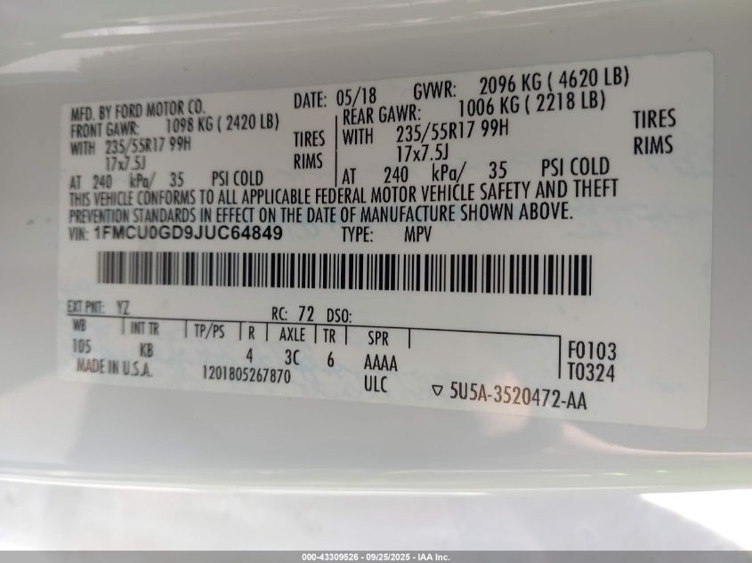 2018 Ford Escape Se VIN: 1FMCU0GD9JUC64849 Lot: 43309526