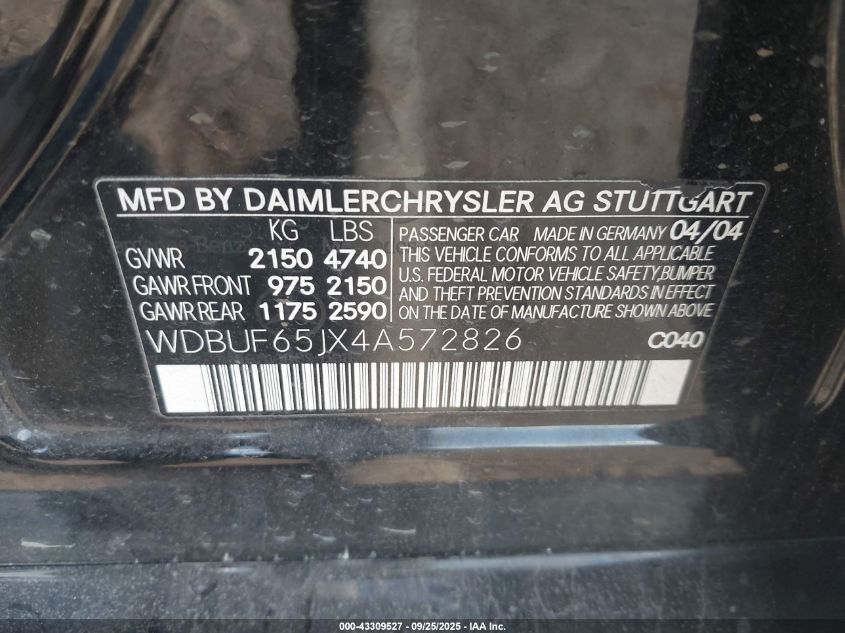 2004 Mercedes-Benz E 320 VIN: WDBUF65JX4A572826 Lot: 43309527