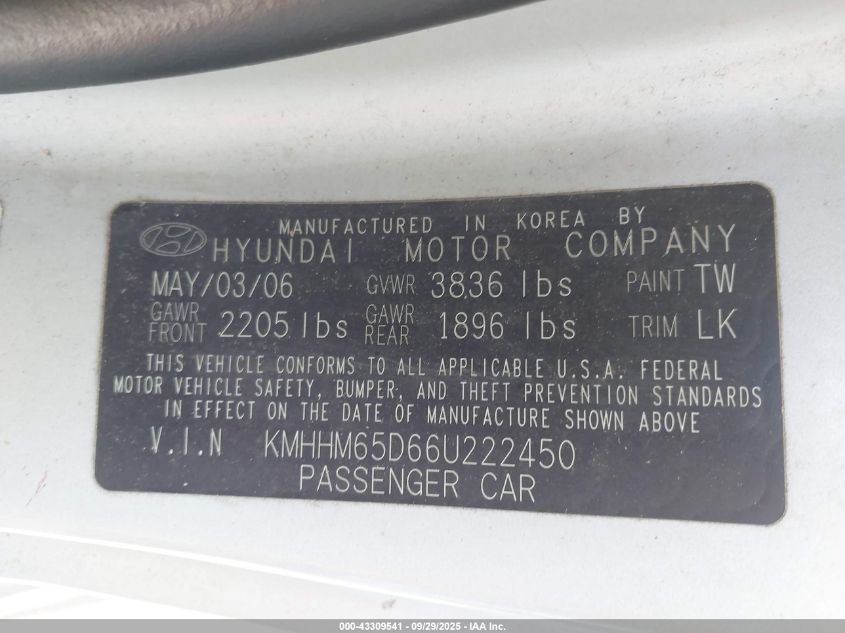 2006 Hyundai Tiburon Gs VIN: KMHHM65D66U222450 Lot: 43309541