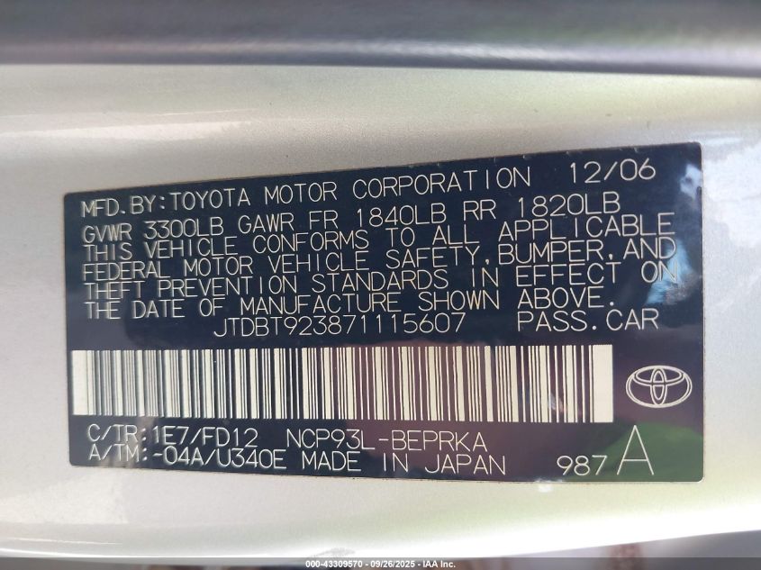 2007 Toyota Yaris VIN: JTDBT923871115607 Lot: 43309570