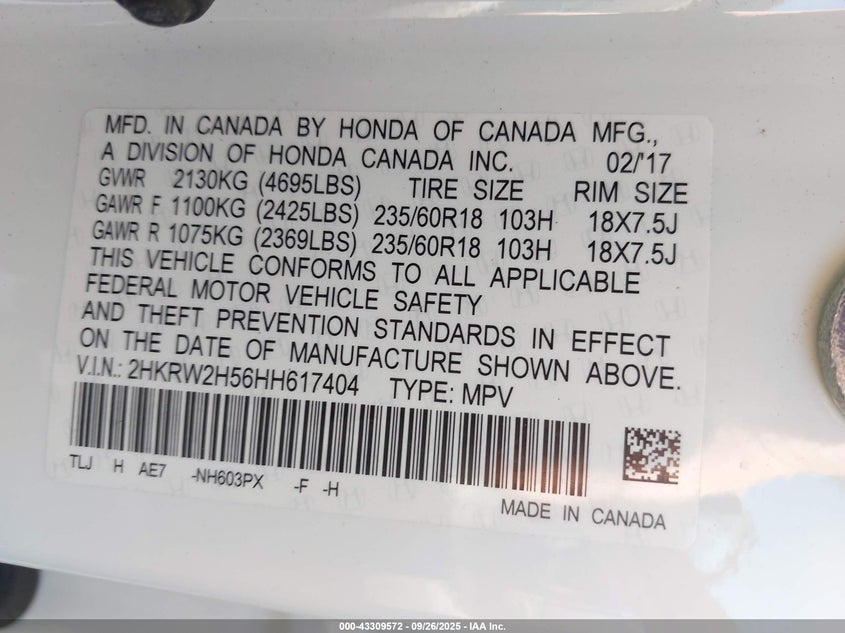 2017 HONDA CR-V EX - 2HKRW2H56HH617404