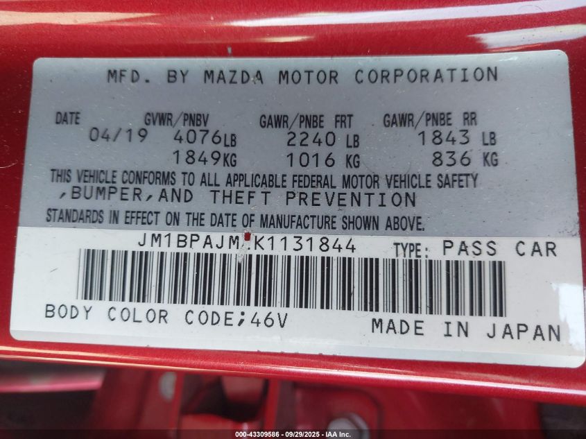 2019 Mazda Mazda3 VIN: JM1BPAJM2K1131844 Lot: 43309586