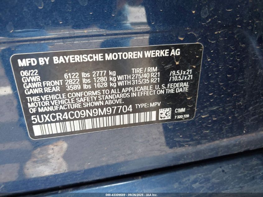 2022 BMW X5 Sdrive40I VIN: 5UXCR4C09N9M97704 Lot: 43309589