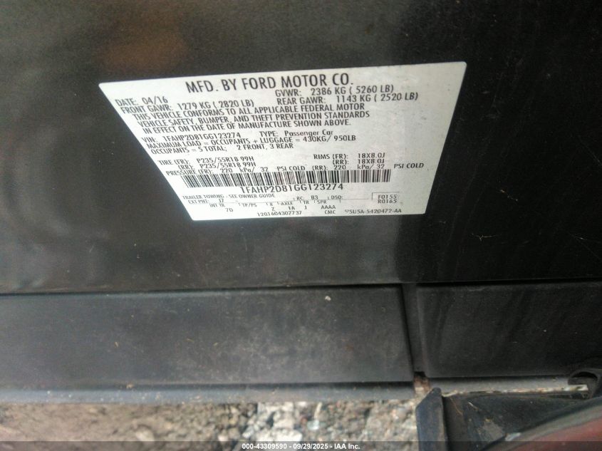 2016 Ford Taurus Se VIN: 1FAHP2D81GG123274 Lot: 43309590